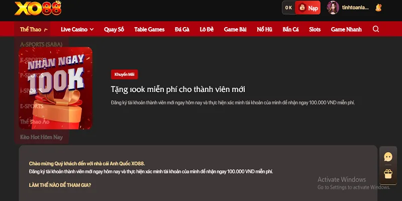Tân thủ XO88 Win còn được nhà cái tặng 100k miễn phí Tân thủ XO88 Win còn được nhà cái tặng 100k miễn phí